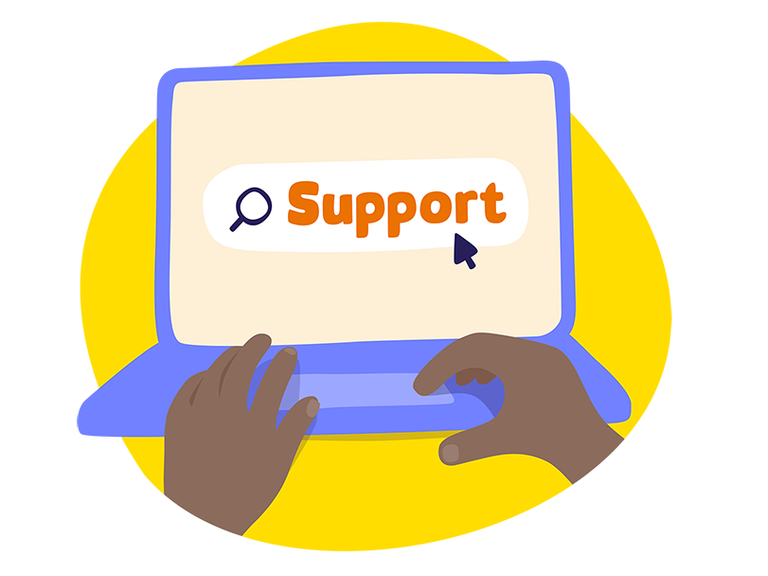 An illustration of a person using their laptop, with text saying 'Support' on their screen