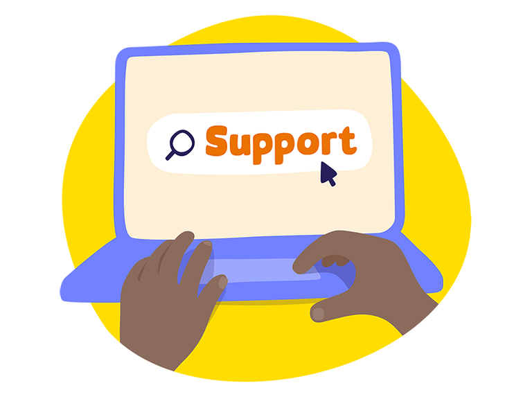 An illustration of a person using their laptop, with text saying 'Support' on their screen