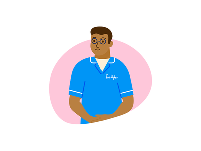 Male healthcare worker in blue uniform and glasses, smiling