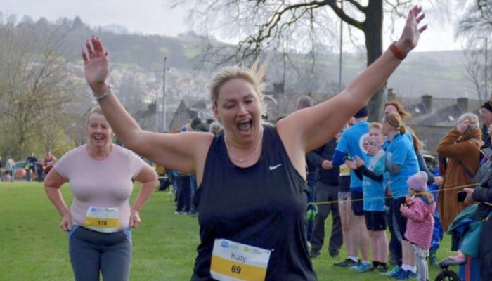 Katy at the finishing line of the Keighley 5k run
