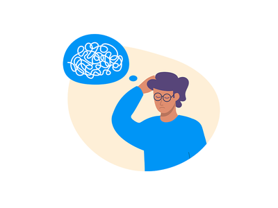 Man in blue with thought bubble full of squiggly line