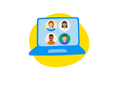 An illustration of an online meeting on a laptop, with four people on the screen