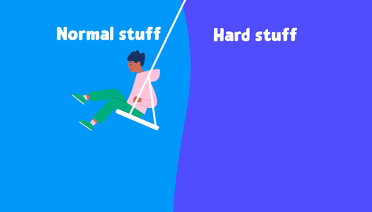 Illustration. Frame is split into 'normal stuff' and 'hard stuff'. In foreground child sits on a swing in the 'normal stuff' section. They are smiling.