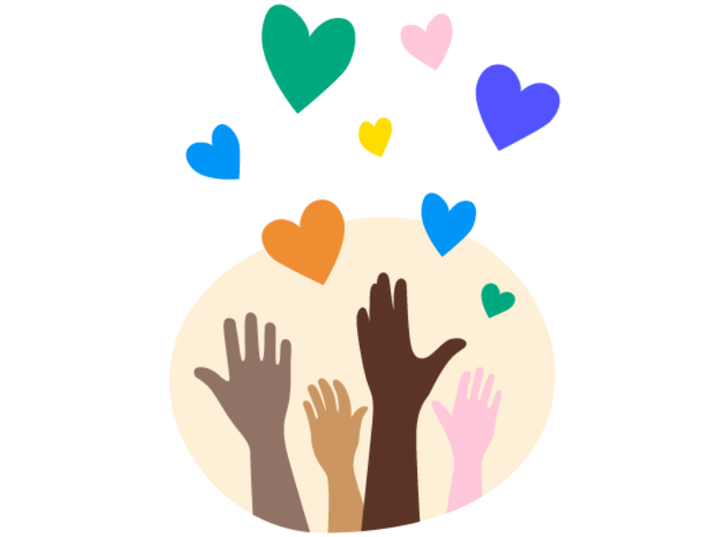 An illustration of four raised hands in different skin colours and sizes with several multi-coloured hearts above.