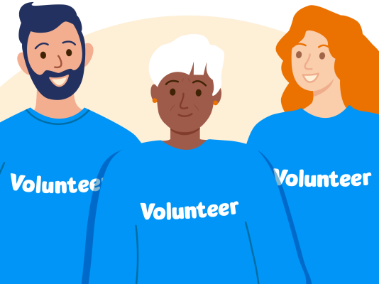 A group of volunteers wearing blue jumpers illustration