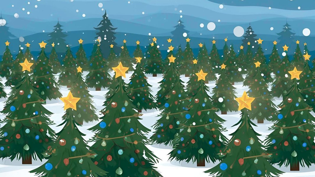 An illustration of a forest of decorated Christmas trees outside in the snow