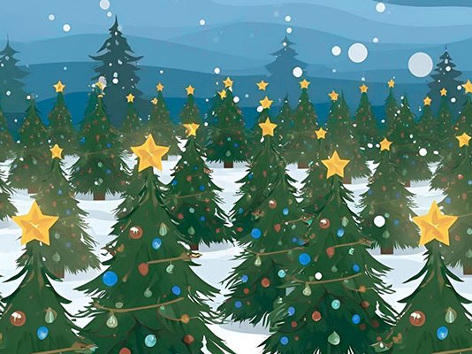 An illustration of a forest of decorated Christmas trees outside in the snow