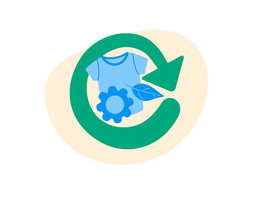 An illustration of a large green arrow surrounding a cog, t-shirt and tree leaf