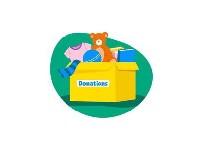 An illustration of a cardboard donations box, containing a teddy bear, clothing and books