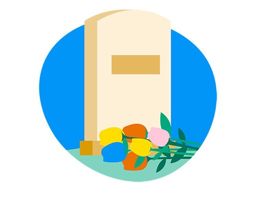 An illustration of a grave with different coloured flowers on the ground