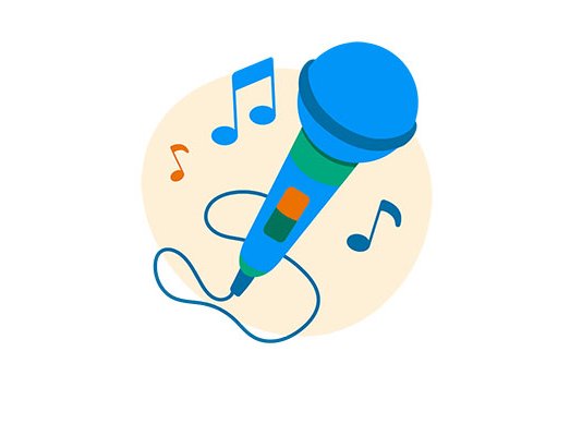 An illustration of a microphone, surrounded by musical notes