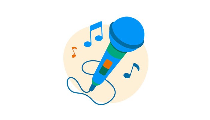 An illustration of a microphone, surrounded by musical notes