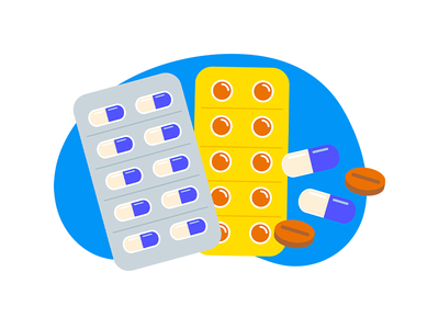 Illustration of 2 sheets of pills with some loose around