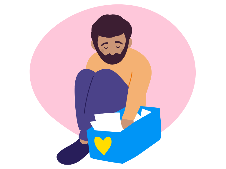 Illustration of man reaching into a box with a heart into it