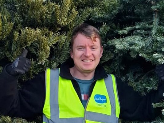 A Sue Ryder Treecycling volunteer, with lots of Christmas trees behind him in the van