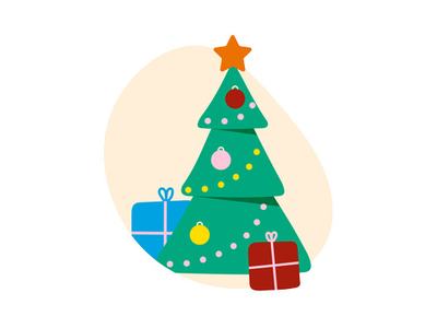 An illustration of a Christmas covered in decorations, with presents around the base