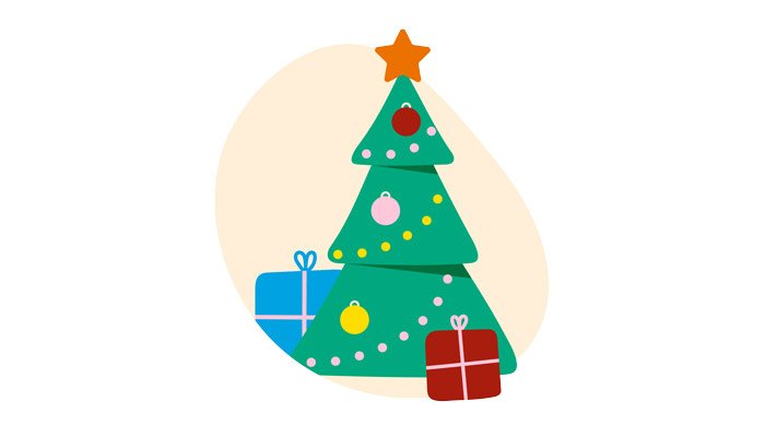 An illustration of a Christmas covered in decorations, with presents around the base