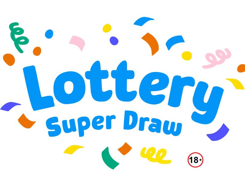 Sue Ryder Lottery Super Draw blue text, surrounded by confetti
