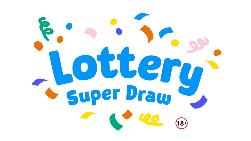 Sue Ryder Lottery Super Draw blue text, surrounded by confetti