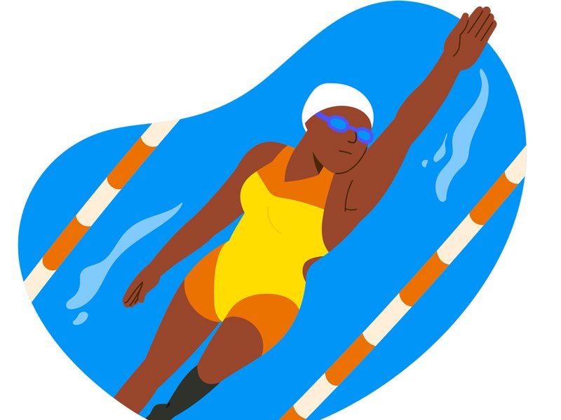 An illustration of a swimmer in hat and goggles going through the water
