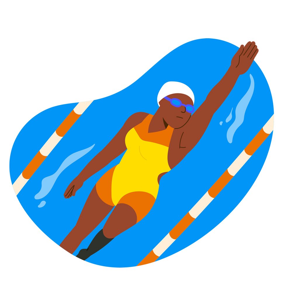 An illustration of a swimmer in hat and goggles going through the water